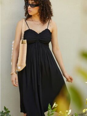 NWOT Blue Tassel Smocked Silky Dress